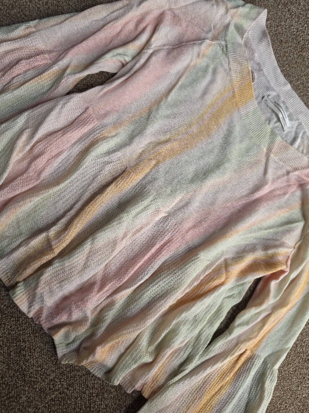 Anthropologie Pastel Rainbow Striped Linen Blend Bell Sleeve Knit Top Size Small